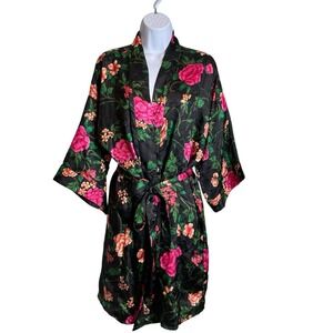 VTG 90s Kristine Tyler Black Floral Kimono Robe One Size Luxury Boudoir Glam
